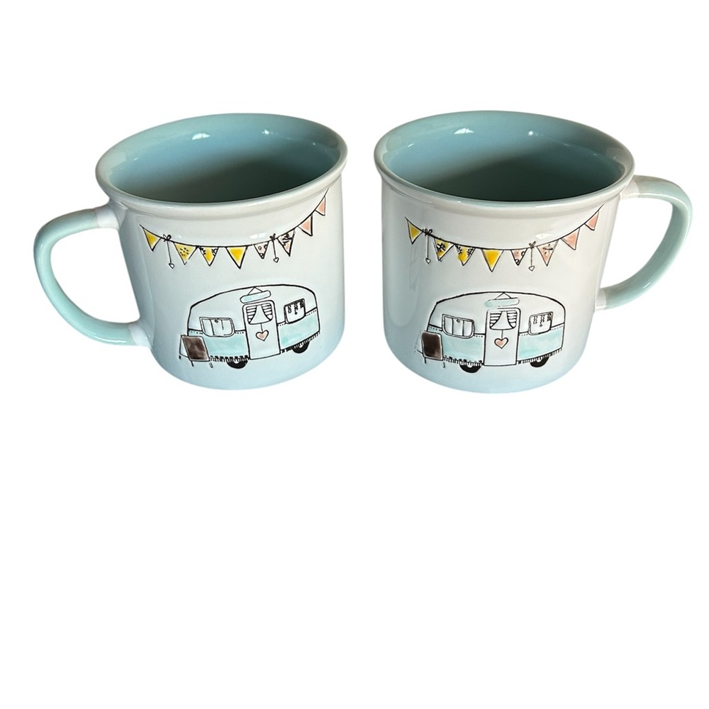 Pair I Love It Brand Teal Pink White Retro Camper Embossed Whimsy Coffee Mugs
